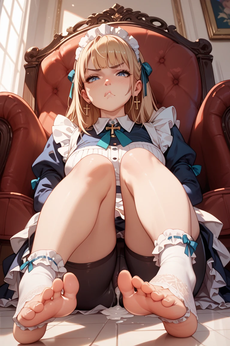 petite, cute, flat, ojou-sama, forehead, long blond drill hair, smug, thick thighs, see-through, white thighhighs, upskirt, crotchless panties, pussy, naughty face, heavy breathing, seductive smile, sitting, throne