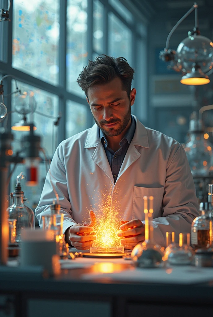 Image for the cover of my notebook with the theme of Cristiano Ronaldo, a scientist performing an experiment in a laboratory 