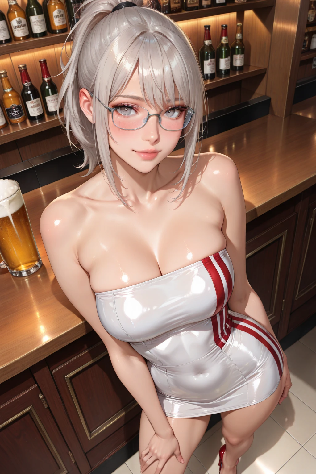 (glasses:1.2),
bondage,pov,sitting at the bar,wine glass,wooden shelves,smile,wine bottles,chandelier,(particle light:1.2),(reflection of lights:1.3),gorgeous,stunning,from side,moody lighting,Cinematic lighting,cinematic angle,lkp,masterpiece, best quality, high resolution, 4k, ultra high resolution, highly detailed, highly detailed, beautiful eyes, beautiful hair, beautiful side, beautiful skin,good hands,shiny skin,curvy,large breats,tamaki,Cosmic eyes,