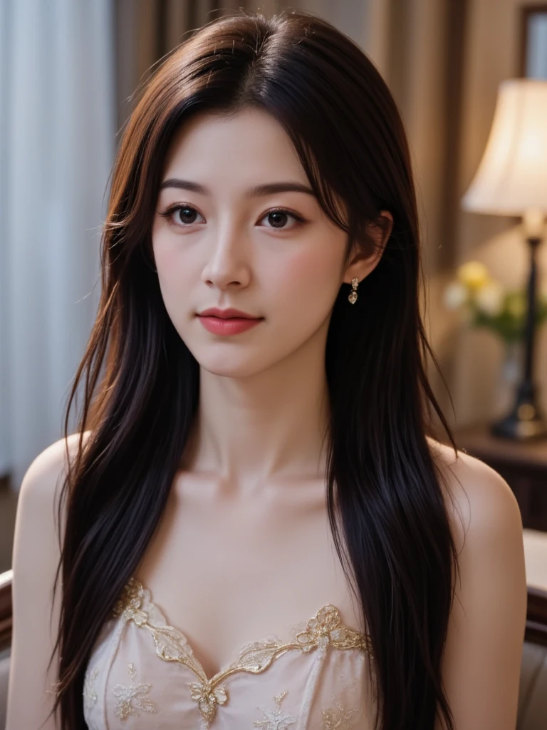 Best quality, masterpiece, high resolution, 1girl, clear silk porcelain dress, beautiful face, hair accessories, looking at the audience, smiling, close your mouth, lips, dress, hair accessories, necklaces, jewelry, long hair, earrings, beautiful face, on the body, Tindal effect, realism, dark studio, edge lighting, two-tone lighting, (high detail skin: 1.2), 8k UHD, DSLR, soft light, high quality, volumetric lighting, photo, high resolution 4K, 8k, blurred background
