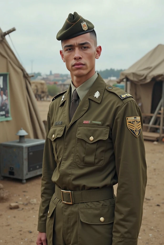 Please create an original military army uniform stylized as an world war II uniform in color Khaki