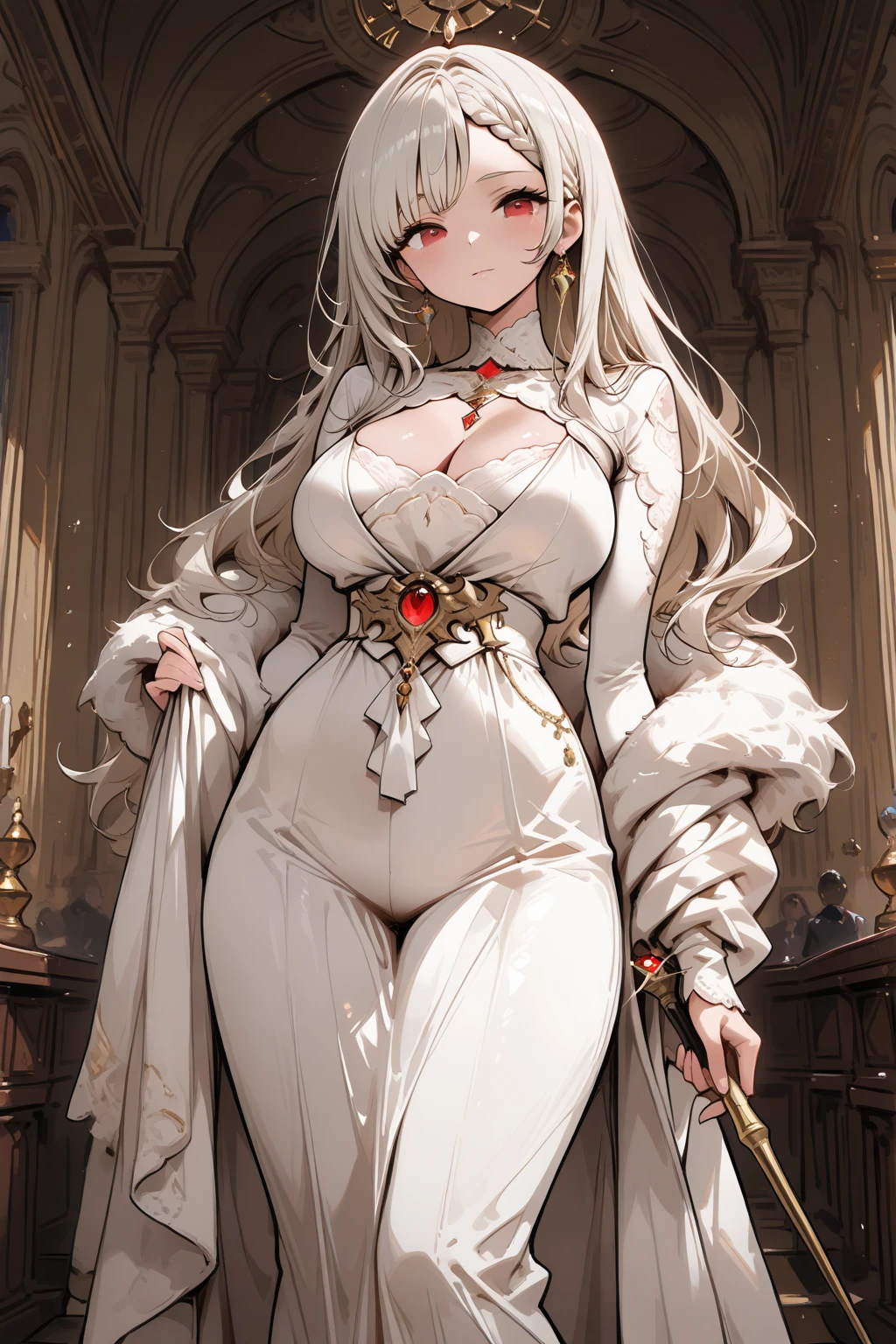 Just one girl,Best quality, 4k, high resolution, body stuck dress, perfect smile, gorgeous, white skin, ahegao face(hentai face) ,light white hair(long straight white hair),Ōtsutsuki kaguya, (Otsutsuki kaguya' hairstyle and face), wearing bodystuck dress with long sleeves and red edges, Wearing chinese bodycorn dress, clothes are stuck in body, chinese bodyfit outfit,1 girl, solo, seductive look, elegance and charm, (masterpiece, best quality, high resolution), looking at the viewer, standing, (intricate and beautiful:1.2), (detailed light:1.2), (soft light, side light), (high resolution textures) , holding leash in hand(chain leash), outdoor, Burmese girl, wearing gorgeous jewelary, wearing harness over the outfit ,outdoor background, sun light, attractive, sexy, mature and hot, young,(masterpiece:1.3), (disorganized:1.3), (highest quality:1.3), perfect anatomy, detailed face, front view, perfect right hands, looking at viewer, (Super detailed:1.3), (best shadow:0.7), (treated hair), fine eyes, beautiful eyes, young aged woman, alone, standing, crystal earrings,closed_mouth, , outdoors,Thick thighs, arrogant face, small 