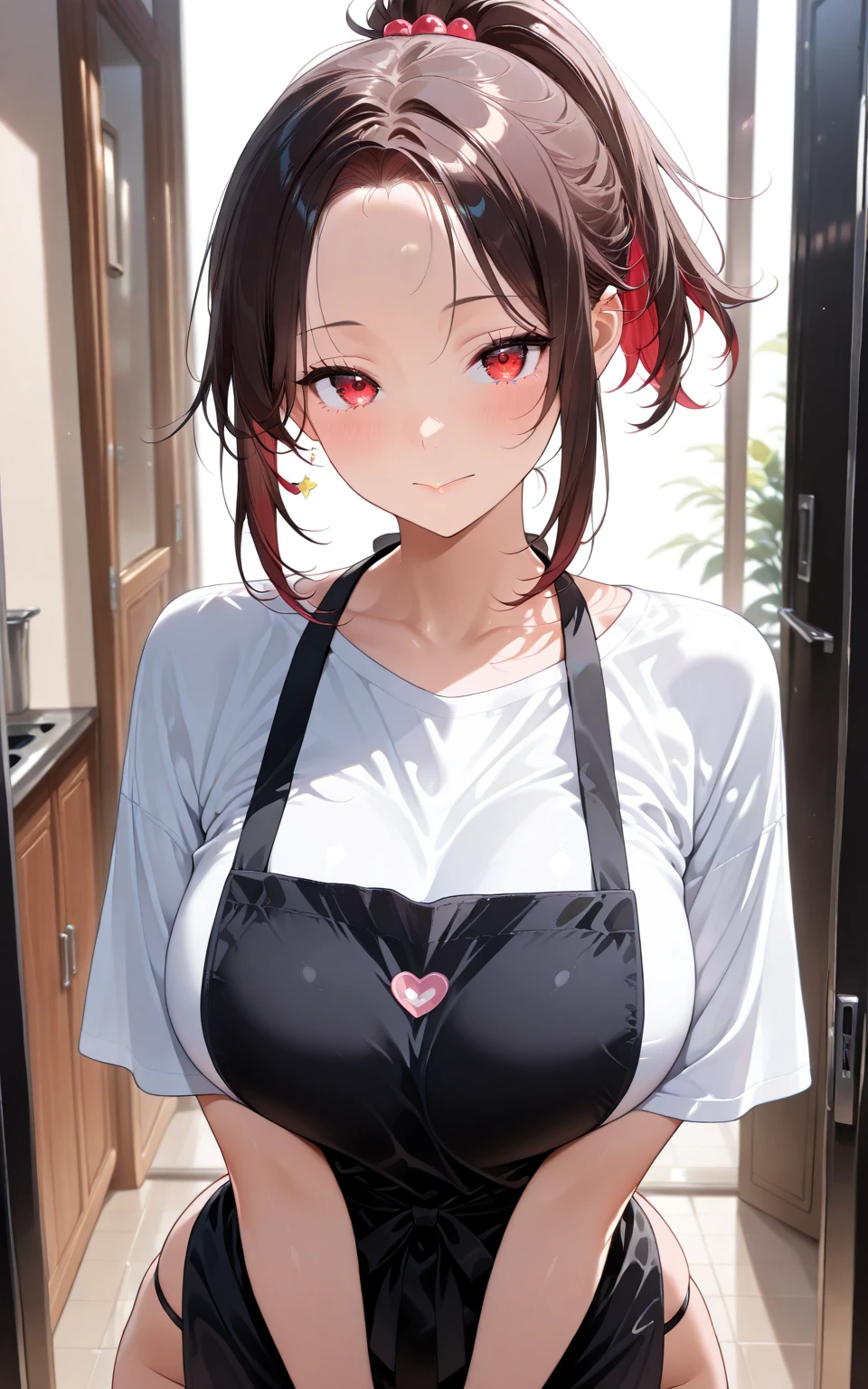 makima,(A white border around a red rectangular background:2.5),D-cups,ahegao face,White apron,High detail,Moles under eyes, Heart-shaped pupils,Love pupils,cropped shoulders,Lots of hearts,Fleshy thighs,highly rendered,detailed face with