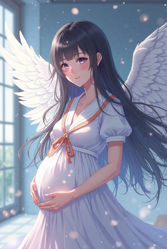 pregnant woman in angel costume sitting on bed with wings, of an beautiful angel girl, beautiful angel, young wan angel, wide angel, angelic, super wide angel, of beautiful angel, wearing angel, full - body majestic angel, angel girl, angelical, maternal photography 4 k, pregnant belly, wide angel shot, pregnant, beautiful female angel, angelic wings on her back