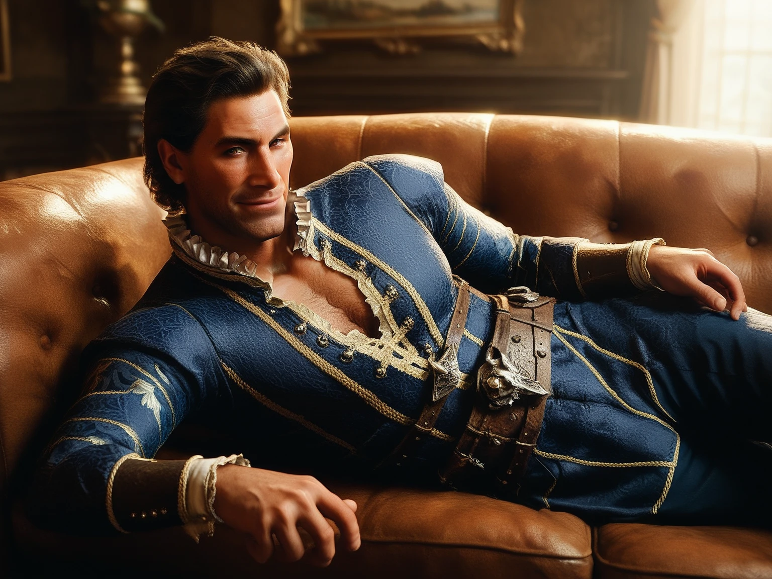 Masterpiece, high resolution, HDR, detailed composition, unique, hot handsome charming daddy in a pub invites you for a drink, 1500s, elegant clothing, medieval fashion, luxurious medieval clothing with super fine golden detailing, wearing elaborate jewelry, fine jewelry, wearing rings and necklace, golden, gold, diamond, shiny, royalty, wearing a large king crown with extremely fine details, wearing a large golden belt with rich artistic details, he is the heir to the throne, divine, opulence, grandeur, wealthy, rich taste, affluence, wisdom, sophisticated man, dashing man, scruff and hairy, mature, masculine, macho, hair coming out of chest, beautiful eyes, symmetrical eyes, staring directly at camera, offering a drink at you, charming smile, happy, full body, full figure