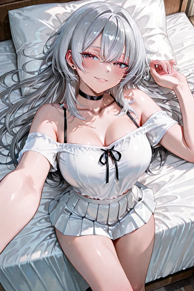 1 girl ,White cat ears,eBlue eyes,Hair, Cute and playful,Delicate makeup, ssmile,Blush high,smooth thigh,Long bare legs,Five fingers, tempting pose,seductive anime girls,rosy lips,Bedrooms,perfect bodies, gracefulpose,Sexy body, Sexy girl,best faces,Medium breasts,Convex buttocks,the maid outfit,Superskirt,Sleeping on the Bed,cleavage,a black skirt,鎖骨, 8 k artistic photography, Arte conceptual fotorrealista, soft natural volumetric cinematic perfect light, trending on artstationh , vibrant, ultra high quality model, Chiaroscuro