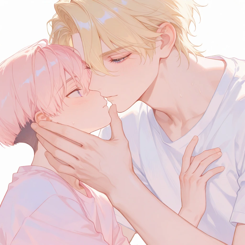 Just before the kiss、deep kiss, French kiss、Ultra-detailed illustrations、Ultra-precise expression、masterpiece、Highest quality、ultra High resolution、High resolution、Hiromitsu Takeda Style、White background、Simple Background、One girl、solo、Mash Kyrielight、light purple hair,short hair,hair over one eyes、Completely naked、(ahegao)、Blonde Male、White Breath、Sweat、、How、Glowing Skin、shiny skin、View your viewers、