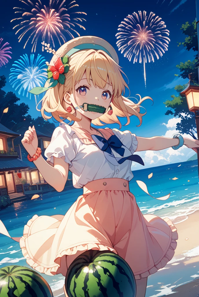 score_9, score_8_up, score_8_up, 3 boys, 1girl, , detailed background, ((night)), fireworks in sky, beach, medieval, on face, , cute, collarbone, , between , (()), beautiful embroidery,intricate,((elaborate high detailed bikini)), one eye closed, lumine, , from side, sand ground, pubic hair, ,