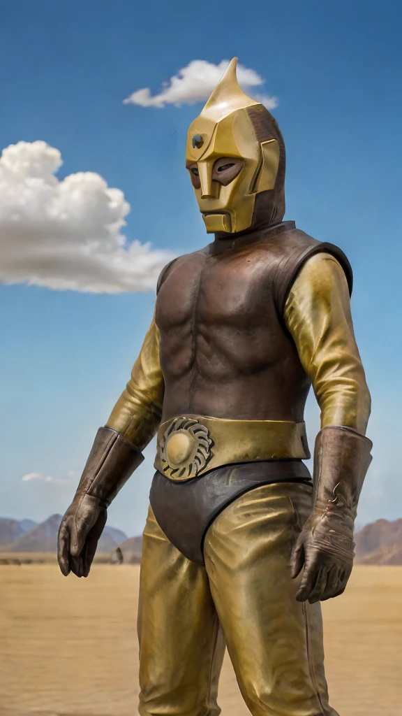 Spectreman, looking at viewer,  in a desert place, sun, clouds, professional photograph, masterpiece, best quality, 8K, 16K, UHD, photorealistic, solo