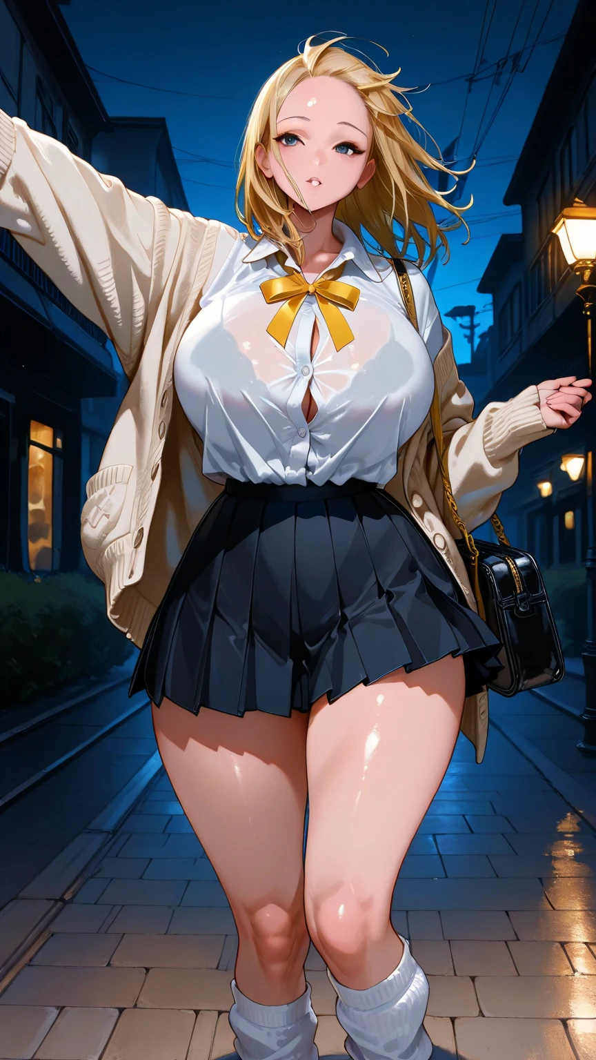 Cinema Lighting、Highest quality、Residential area at night、high school girl、whole body、Huge breasts、(Kitagawa.Marine)、、Embarrassing、アングルはrandomです、Sexy pose、random、Sexy look、Holding a in your hand、