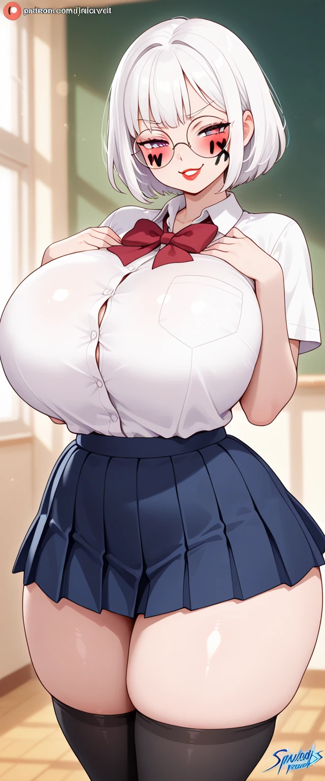 Highest quality、High resolution、Detailed Background、Beautiful face in every detail、Highly detailed face、Anatomically correct、Normal number of fingers、Detailed red eyes、Teenage beauty、Perfect body line、Huge breasts、Light color hair、Bobcut、Long Hair、Cute Eye Makeup、Cute Lip Makeup、JK Uniform、A woman standing by the window is enjoying a relaxing time while looking at the scenery outside.、On a sunny day, gentle sunlight shines through the window, softly illuminating the woman's profile.、Outside the window you can see the cityscape and the greenery of the park, allowing you to feel the changing of the seasons.、Stylish yet relaxed atmosphere、so beautiful