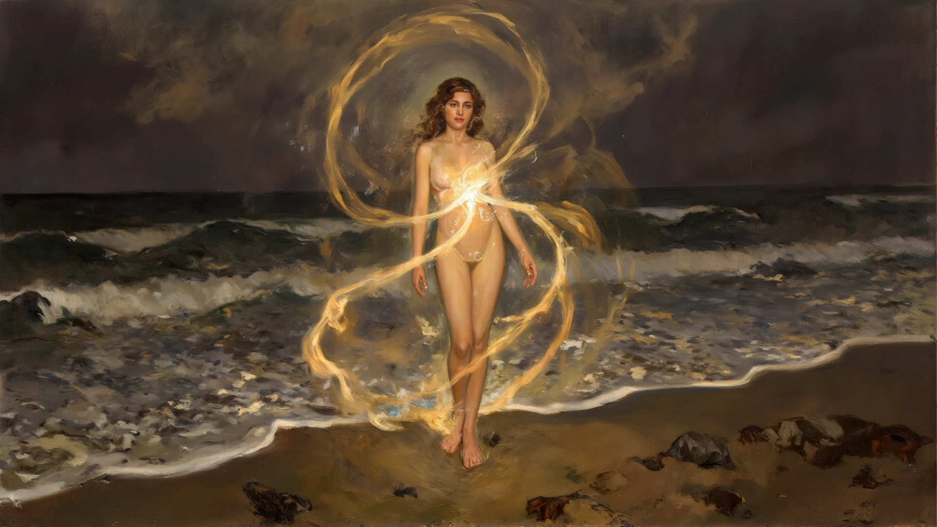 Oil paints，acrycle painting，masterpiece，Renaissance style，(Masterpiece, Top quality, Best quality, offcial art, Beautiful and aesthetic:1.2), close view of full body nude young belgian woman, in erotic pose , hairy intimate hairstyle pubic , background ocean waves with foam, thunderclouds, lightnings