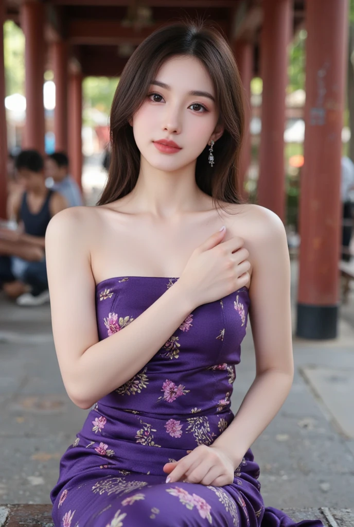 (((masterpiece))), Ultra-high resolution, (8K), (((Looks super realistic))), Highest quality, Ultra fine, ((Anatomically correct)), Cinematic lighting, (Super beautiful sexy 29 year old woman), ((Only one person)), Oval Face, Beautiful Face, smirk, Natural Makeup, Detailed big eyes, double eyelid, Detailed eyebrows, Thick lips, ((Short hair:1.3)), ((VioletBrown hair color:1.2)), Detailed skin texture, Glowing Skin, Alluring large breasts:1.3, Perfect and beautiful body, Seductive big ass, Detailed and perfectly fitted outfit, (((Fascinating dress made of colorful silk fabric))), Fascinating Necklace, Fascinating earrings,
