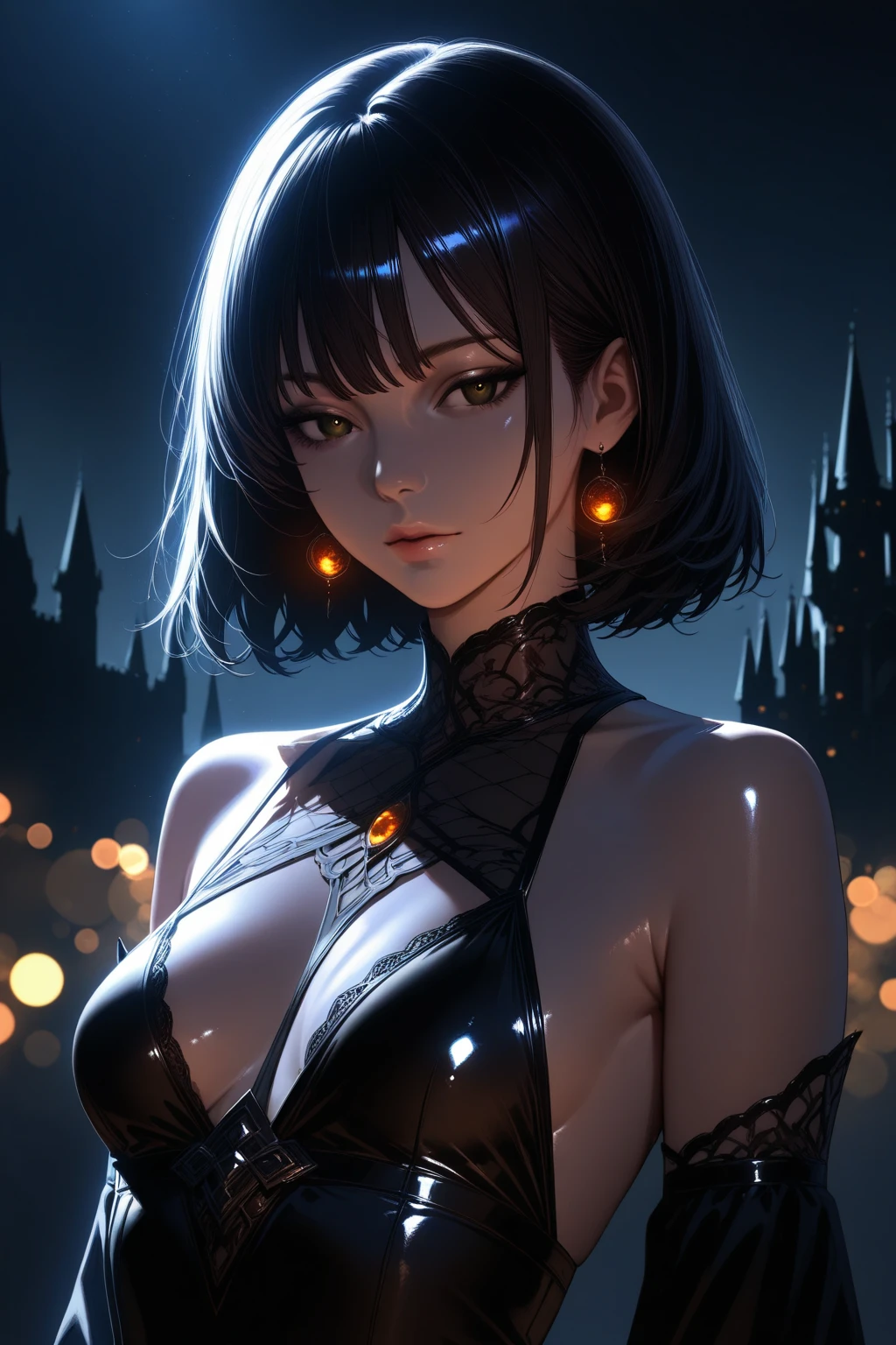 Character: beautiful, gorgeous, 1girl, African american girl with short bob cut weave, wearing tight black batman costume, holding batman helmet.
Background/scene: night time, dark alley, bloom lighting
Setting: realistic, 4k, dreamy,