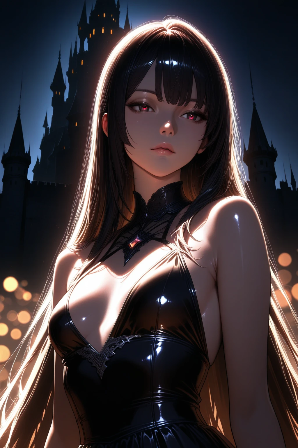 very detailed face, detailed clothing, detailed fabric, 1 woman, perfectly drawn body, huge breasts, sexy pose, beautiful face, long black hair, blue eyes, very detailed eyes, pink cheeks, shy expression,  (Shiny black tight bodysuit), black gloves, gloves covering hands, Sensual lips ,  dinner de invierno, Show details at a glance, View from the front, looking at viewer, dark road, Dark Forest, dinner, atmosphere, Fog