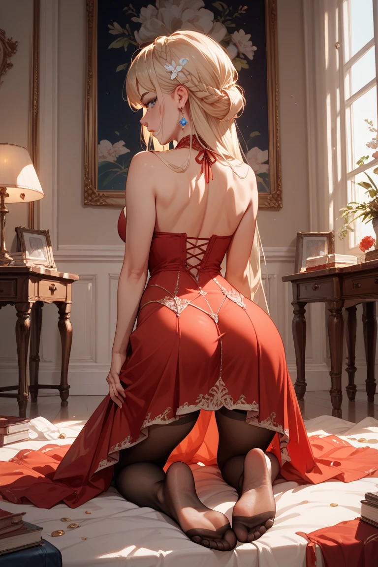(huge ass) Beautiful adult woman wearing red and black frilly saloon girl costume, skinny, slim and thick, small waist, 8K, Karabet, brothel, UHD, (Booty that emphasizes curvaceous beauty)