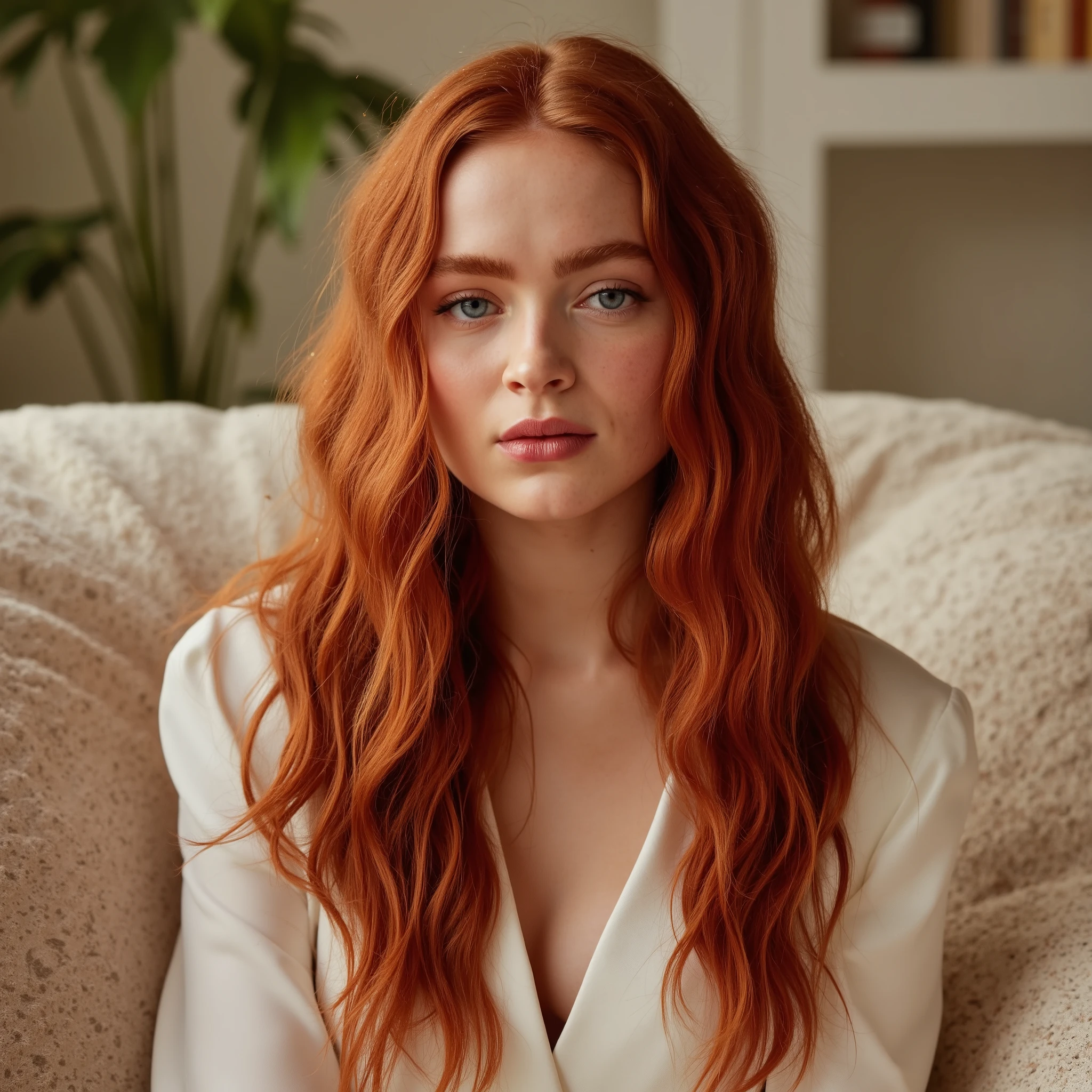 Fotografia elegante,bela garota ((Lily Collins)), long red hair, olhos claros, maquiagem natural, Loungewear cream I hope it falls dark red,  sitting on the white couch, luz suave da janela, cozy interior, tons quentes, intimate atmosphere, photorealistic portrait, high quality fashion photography, shallow depth of field, Lente de 85 mm, foco suave, cinematic lighting,ultra realista,detalhe, best quality 8k HD.