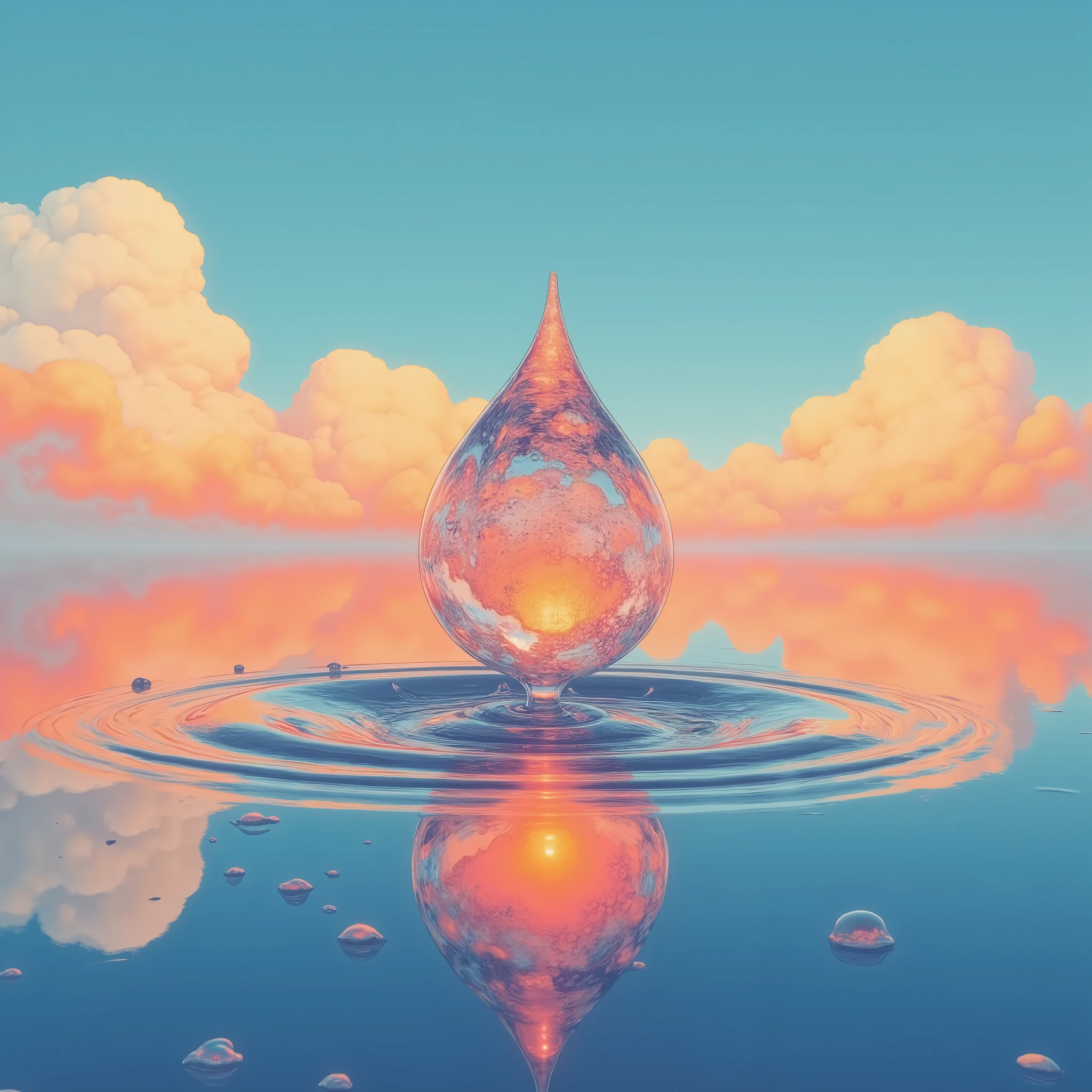 a droplet of water in the colour gradient mixer of orange and dark blue,up in sky flying, clear sky, effect : noise 60%, blur : 40%,