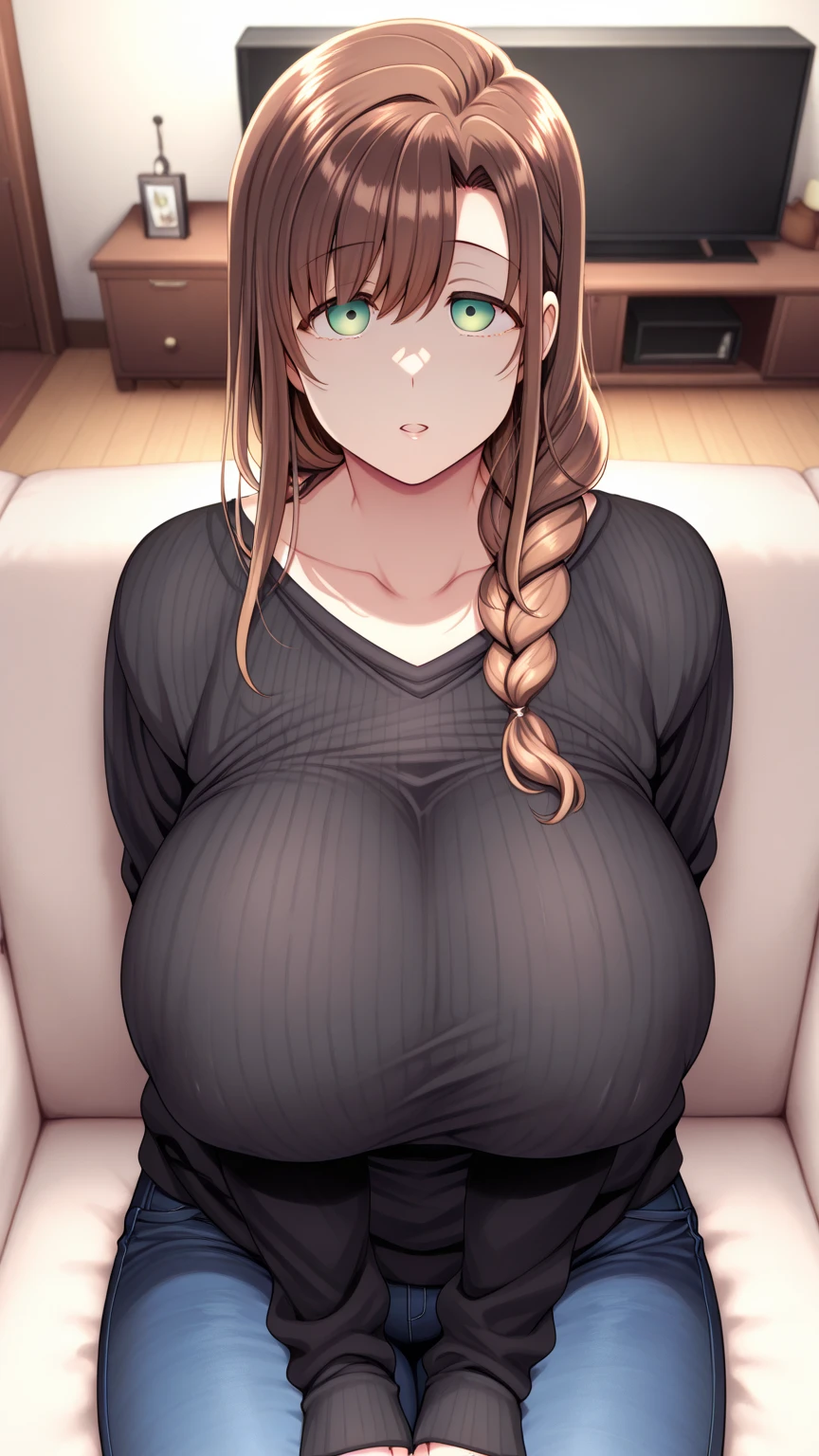 1girl, solo, long hair, looking at viewer, smile, open mouth, large breasts, brown hair, shirt, long sleeve, loose shirt, hair ornament, green eyes, collarbone, braid, pants, black shirt, single braid, scrunchie, hair over shoulder, hair scrunchie, mature female, wide hips, bare abdomen, Plump.