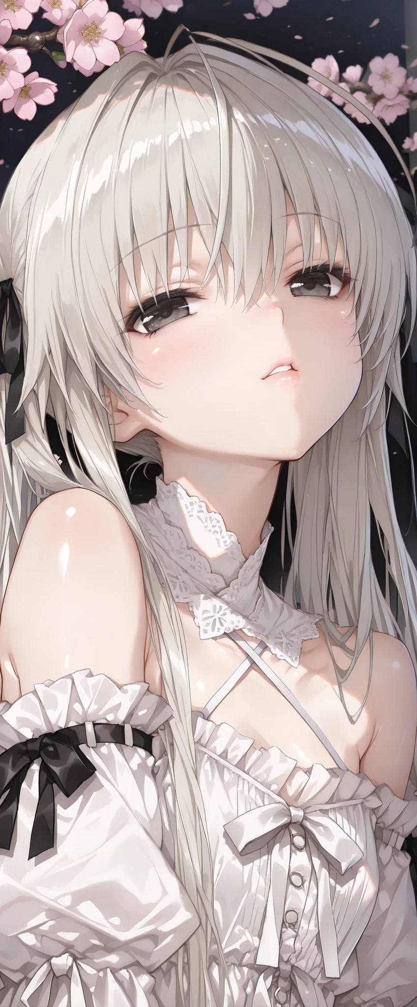 Girl,albino,white hair,white skin, gray eyes, very long hair, (twintail:1.4), hair accesory, she wearing a off shoulder black and white maid lace lingerie, (wet see thorugh:1.4)
