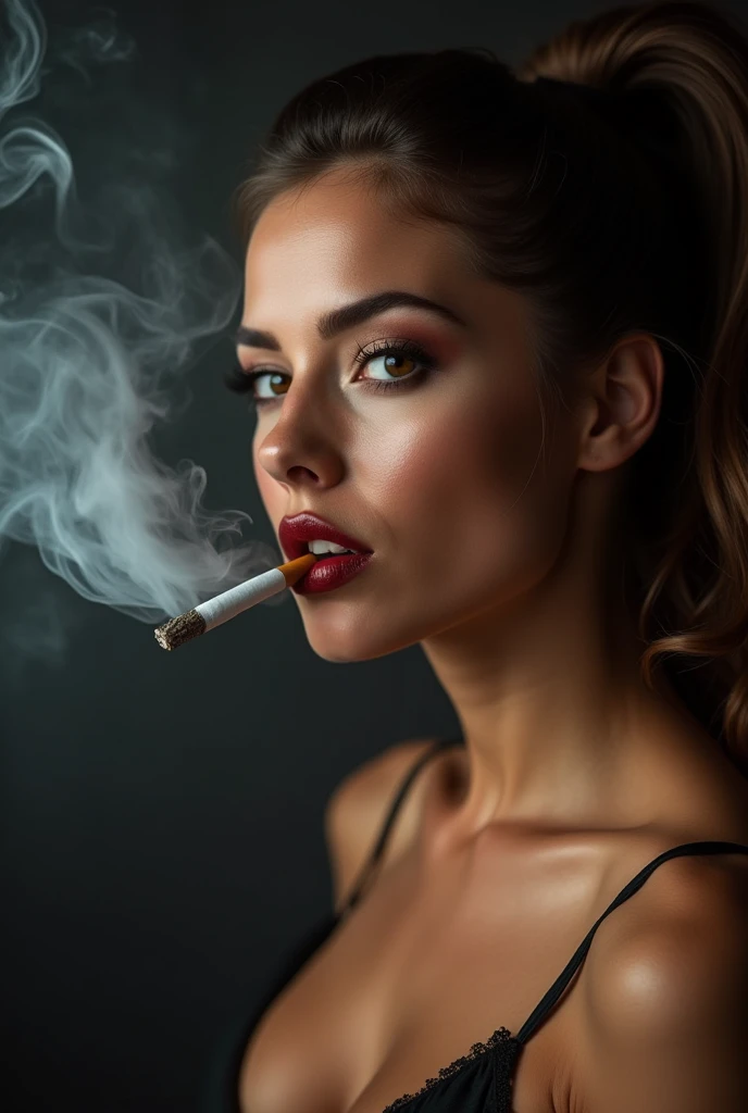 dramatic lighting, (realistic:1.3), (light freckles:0.4), medium shot anya woman smoking a cigarette, red lipstick, lips on cigarette, pucker, smoke, close up, red nail polish . shallow depth of field, vignette, highly detailed, high budget, bokeh, cinemascope, moody, epic, gorgeous, film grain, grainy