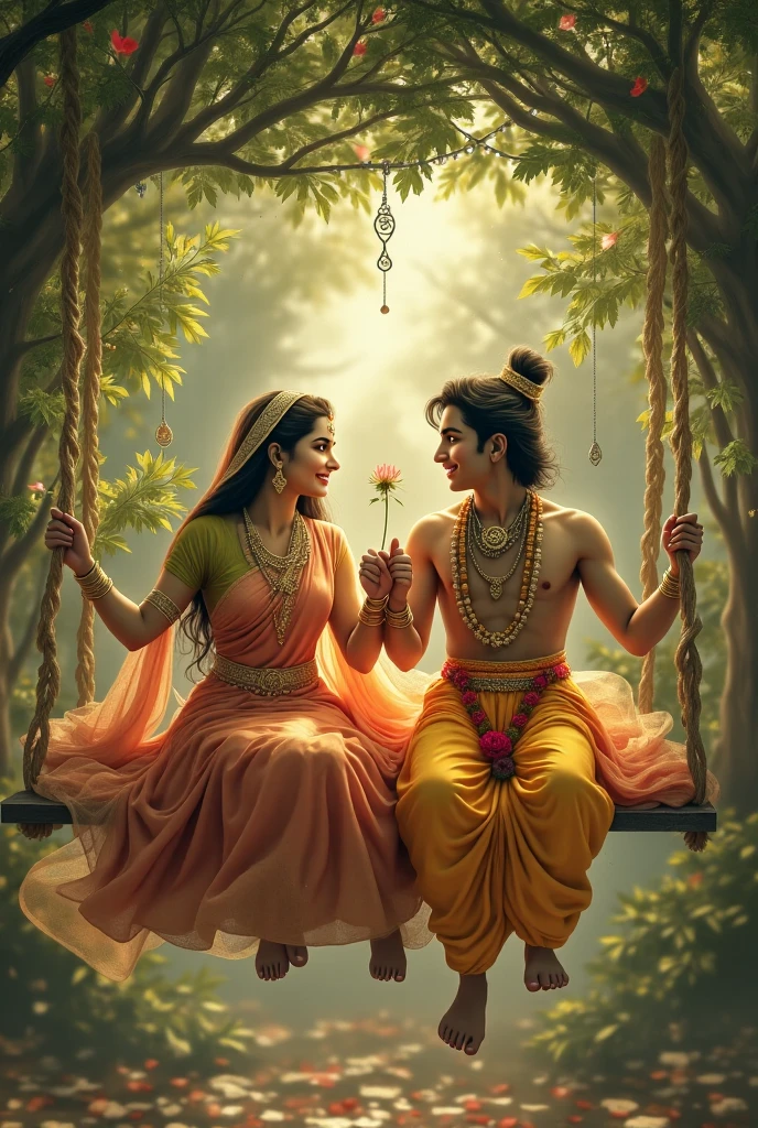 A picture of radha and krishna radha wearing a red color saree and kanha wearing a traditional indian yellow dress and both a sitting on the tree radha eating a mango