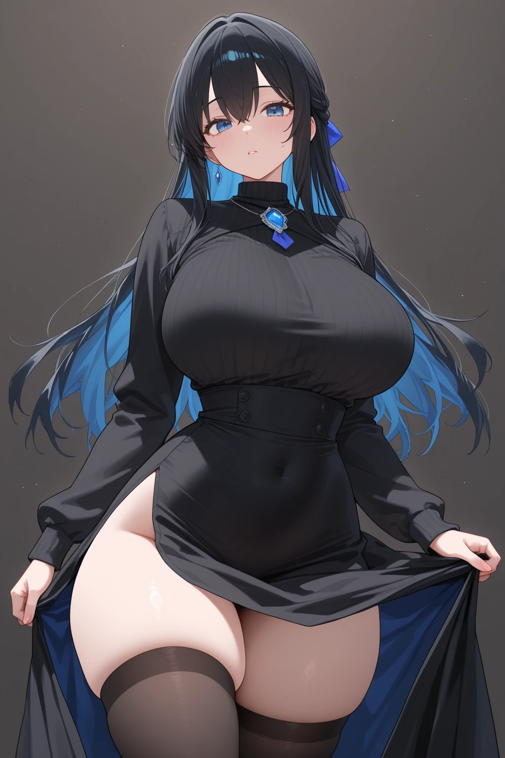 My name is Yukiko.I am a white test woman with long light blue  hair,red eye color.I am 1.62 cm tall . My breasts measure 200 cm, my waist 40 cm and my hips 200 cm. dressed in a black dress that only covered my crotch . With big breasts 200 cm