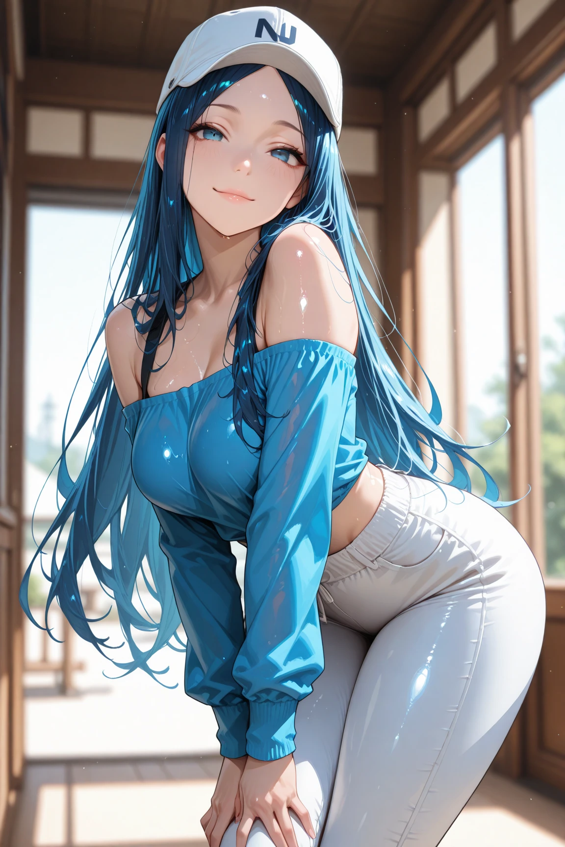 (best quality: 1.2), clean face, (masterpiece: 1.2, 8k)(PureErosFace_V1: 0.7), perfect anatomy, 1girl,a beautiful fashion model ,(masterpiece, official art, best quality) (wet skin, shiny skin) ,long and shiny hair, blue hair with streaks in hair, long hair, full lips, upturned nose , big breasts, looking at viewer, revealing outfit, absurdity, intricate details, , dynamic pose, club, dancing, , cinematic lighting, (highly detailed skin: 1.2), wearing
short shorts and a tight white top, cleavage, torn clothes, visible thong straps