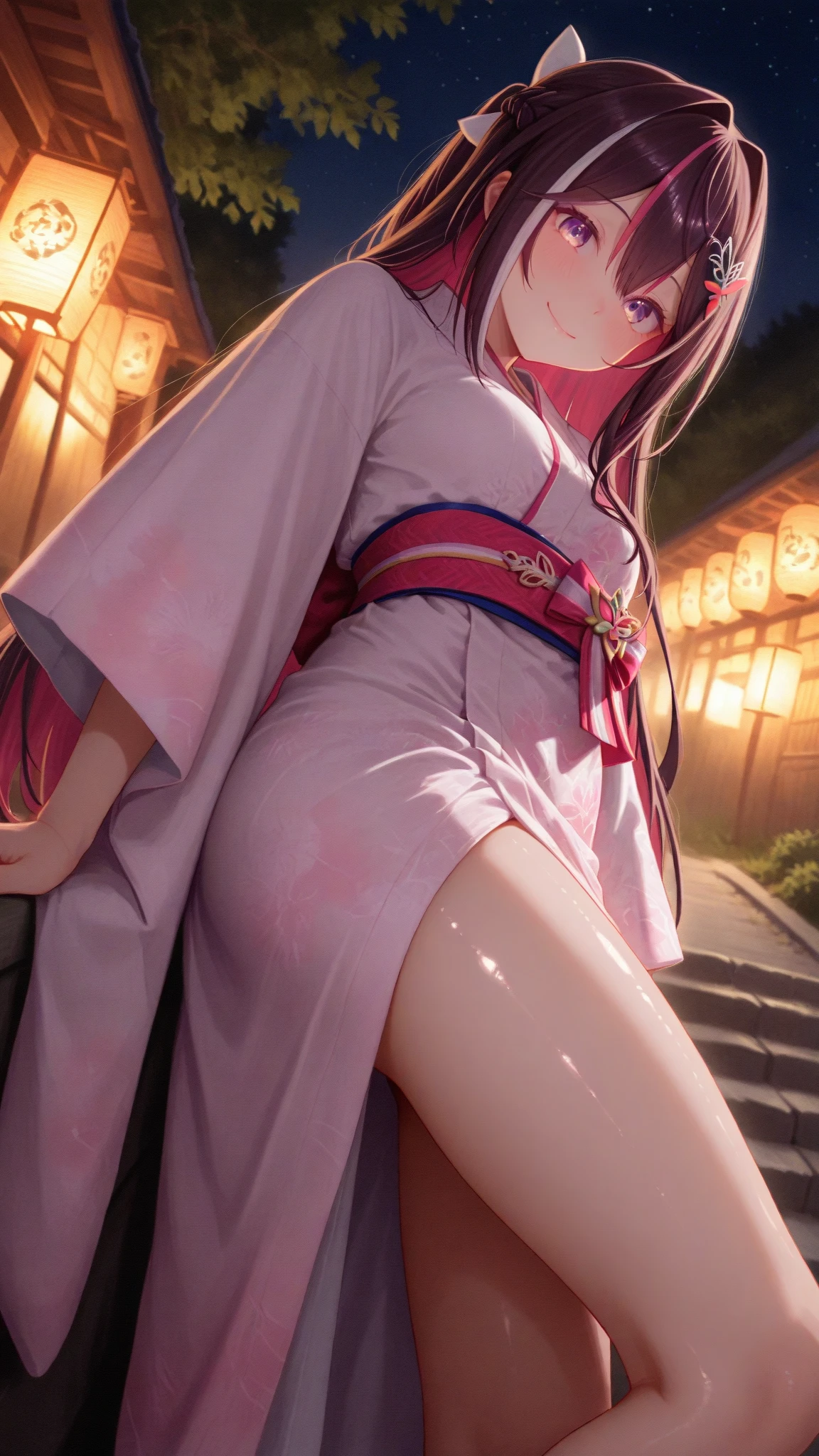 best quality, insanely detailed, nino nakano, breasts, blush, looking at viewer, cheerful eyes, arousal, kimono, highleg kimono, tight kimono, pussy, roof top background, lingerie
