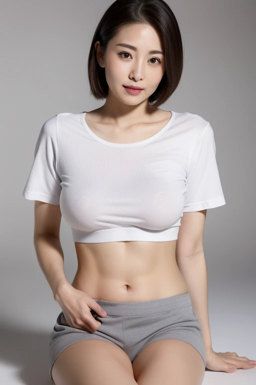 (colored picture), Photo realistic of beautiful asian、slender abs, (Highlight Haircutreast B Cup:1.2), medium breast, round shape breast, perfect shape breast,(( )),((wearing T-shirt, underwear outline ), (()), As she confidently posing for camera, , studio light, gray background, full body