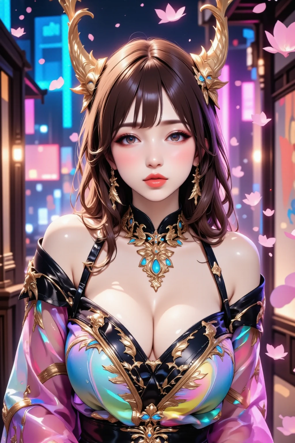 (photorealistic:1.8, highest quality:1.8,8K masterpiece:1.8,High resolution,muste piece:1.8,RAW Photos,cinematic lighting),No split screen, (1 android girl:1.3)、Completely naked、open front shirt、choker、Body painting with a pop design drawn all over the body、pop art design、cutting edge fashion、Innovative、center of attention、new york、special art design、nipple design、Ultra-detailed background depicting a beautiful future、Unknown world、art deco、Future、shine、conceptual art、