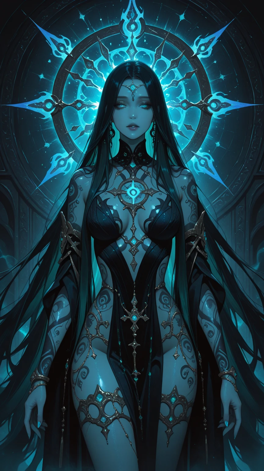 Sexy beautiful woman with a perfectly proportioned face, realistic facial expression, long black hair, light blue eyes, pale skin, wearing black robe with rich ornament, witch, confident expression, big breasts (magic mystical background, fireflies, glowing particles, ethereal mist, a touch of darkness), high saturation, film light, edge light, best shadows