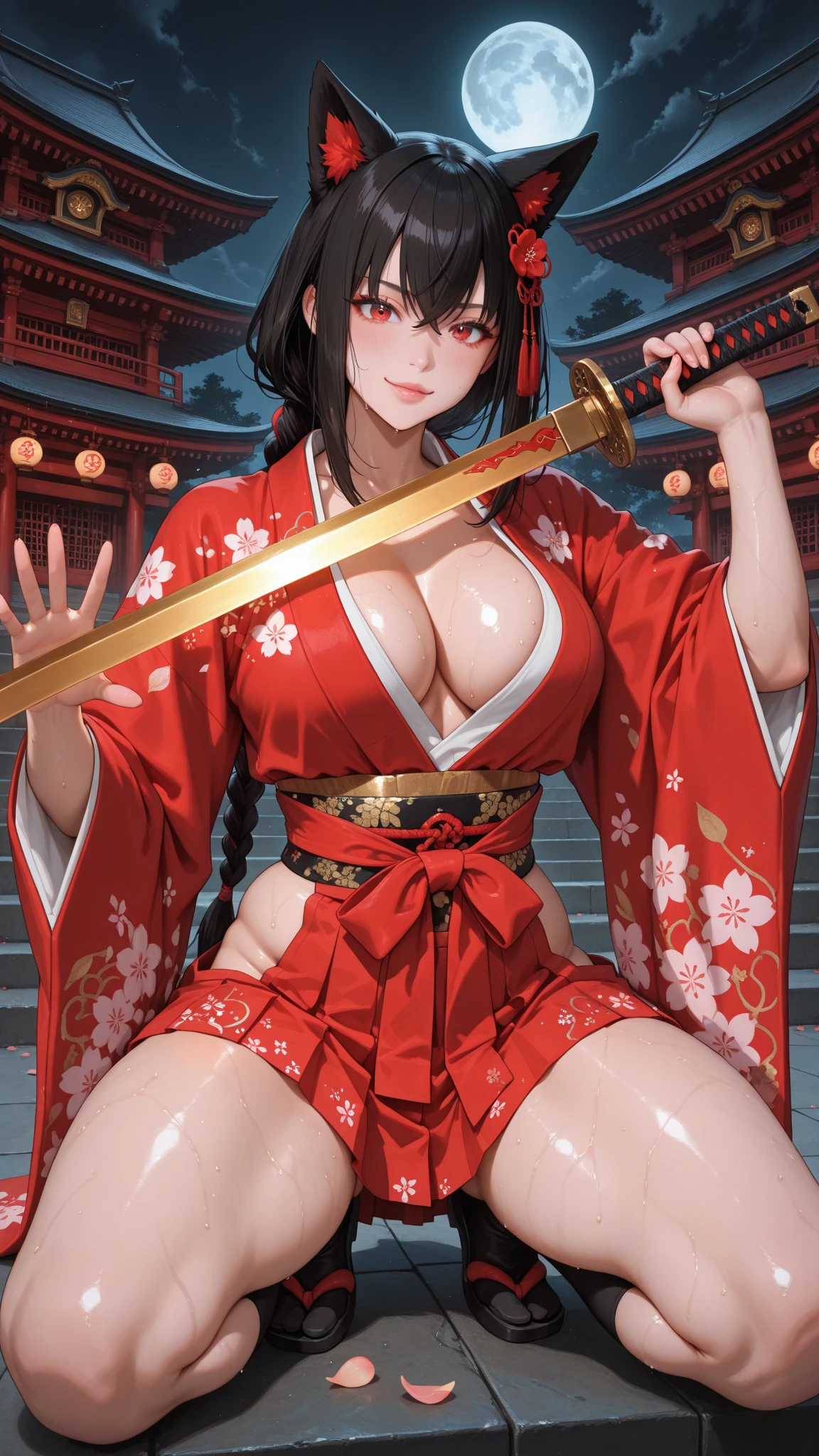 masterpiece, best quality, beautiful art, high resolution, well formed hands, body and fingers, 1 woman, solo, Ruka Sarashina, hair ribbon, red makeup, red lipstick,adult, grown up, cosplaying as Mai Shiranui , mai_shiranui_cosplay, adult, large and big breasted, cleavage, full body , hair ribbon, gorgeous legs and, thighs, sexy Japanese clothes, hair ornament , sexy and bare legs , hips and thighs, panties peek,ryona , in peril, she has been beaten up she is now cornered against the wall, helpless and vulnerable, she is dizzy and exhausted, looking at the viewer with anxiety and fear, she is afraid, terror in her eyes, gasping, being at the edge of defeat, tied up, heroine in peril, ryona scene