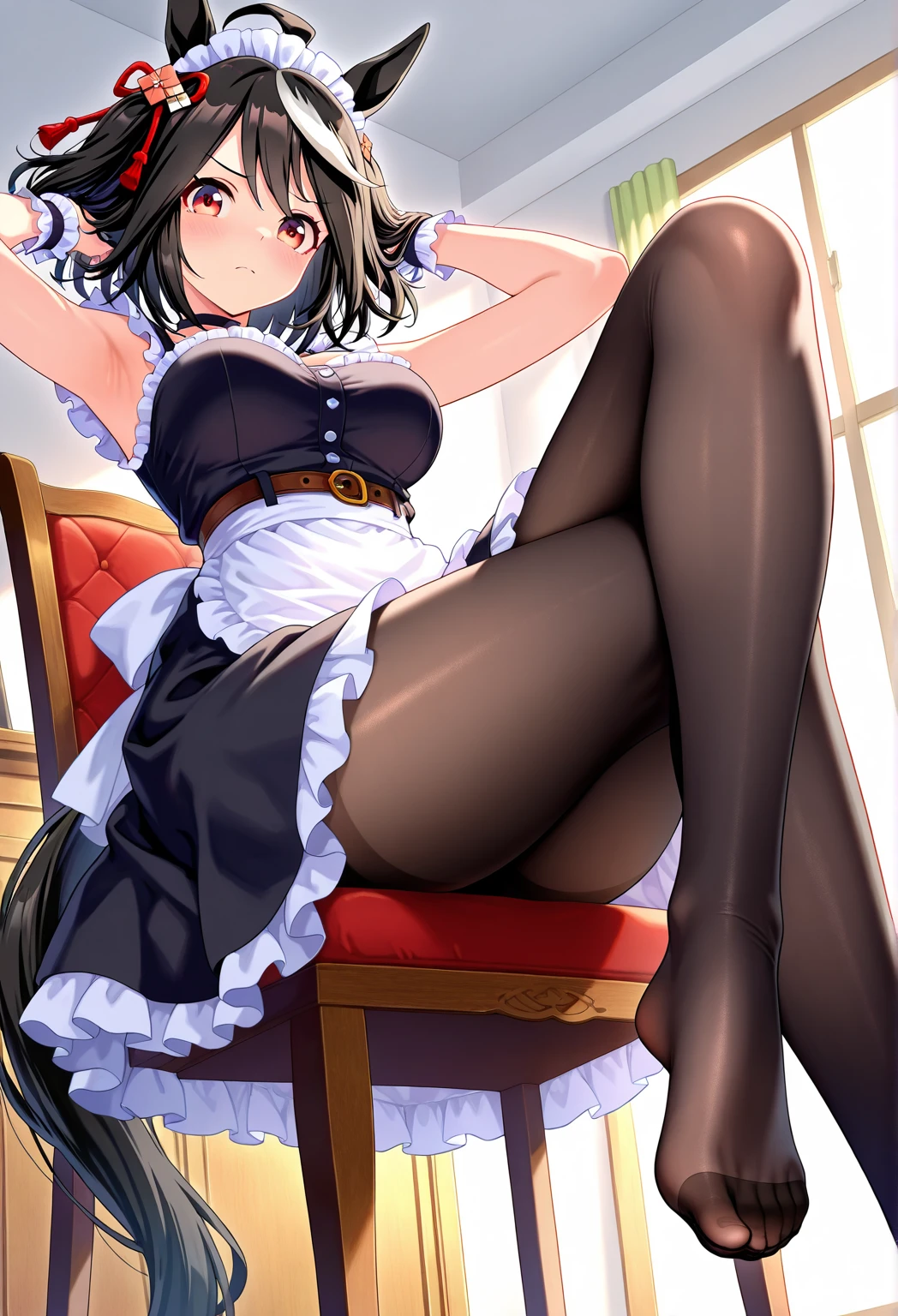 masterpiece, best quality, ultra-detailed, illustration, warm lighting, bright colors, 1girl,solo, short hair, black hair, green eyes, elizabeth_pendragon, hair_between_eyes,

1girl, apron, black_bow, black_bowtie, white_dress, blinds, book, bow, bowtie, cleavage, cleavage_cutout, closed_mouth, clothing_cutout, cup, dress, frilled_dress, frills, fruit, full_body, garter_straps, hair_twirling, hand_on_own_thigh, hand_up, indoors, lamp, legs, legs_up, long_hair, looking_at_viewer, maid, maid_apron, no_shoes, panties, puffy_short_sleeves, puffy_sleeves, short_sleeves, sitting, solo, stirrup_legwear, thighhighs, thighs, underwear, white_apron, white_garter_straps, white_panties, white_thighhighs, feet out of frame,

 