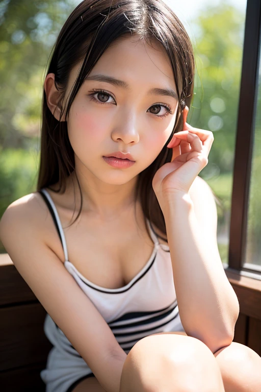 (Small breast swelling:1.3)、high quality、masterpiece、Ultra-high resolution、beautiful girl、beautiful girl顔、Cute girl face、cute ruffle swimsuit、Braiding、whole body、whole bodyを撮影