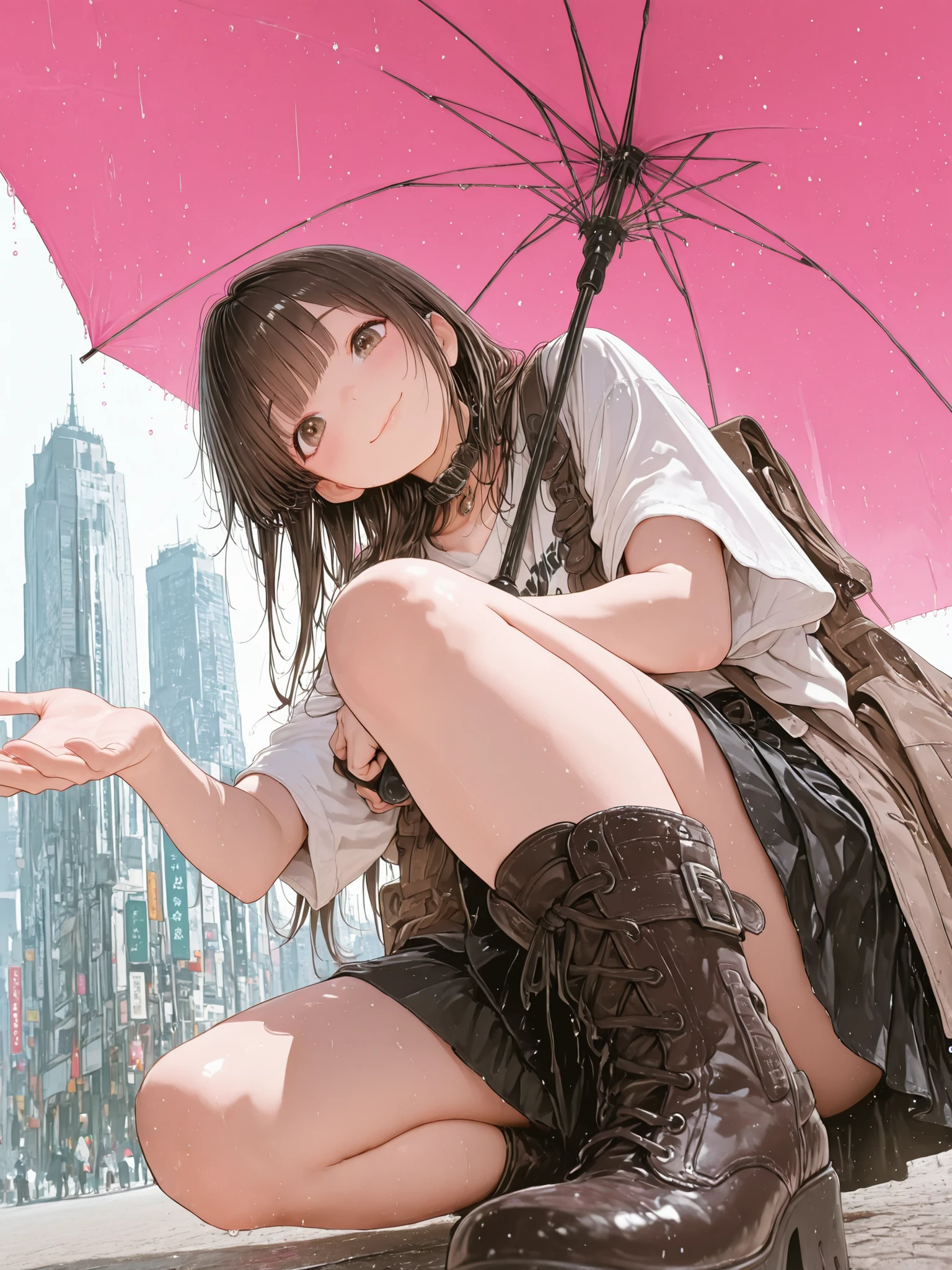 woman,reaches out to the viewer,hand focus,smile,from below,partial squat,cape look at the viewer,white oversized t-shirts,black skirt, short boots ,dark brown long hair,outside,Big Cities, city,hold a pink umbrella on one knee ,stretched _hand,stretched _hand