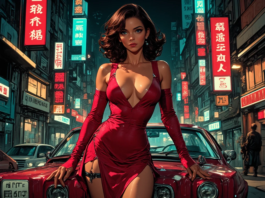 em uma rua iluminada com uma Bugatti branca e dourada atrás Illustration in styles of Harrison Fisher, Jeremy Mann, Alexandre Cabanel, and Tomer Hanuka, of a stunningly beautiful lady sexy big big tits decote em V mhia khalifa girl Power fênix + Hinata sexy Naruto clad in an long dress, em seus pés with the contradiction of men's sandália, atmosphere that balances the delicate and the rugged, soft pastel hues for the dress red dark red full contrasting their sturdy, leather exterior, textures that interplay tone as if at