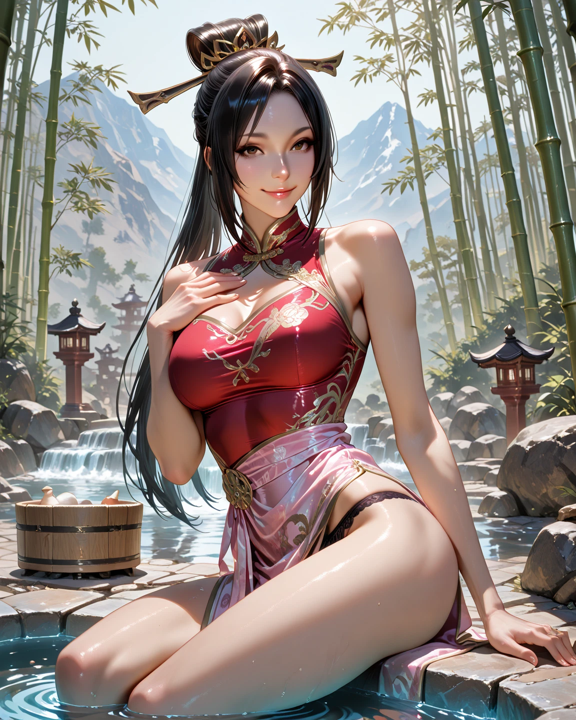 HD wallpaper, 1 Indonesia woman, 19 years old, long black hair, olive skin, smaller head, brown eyes, toned body, medium breasts, hard pink nipple, short sleeve dark red kebaya, cleavage, tight white batik pattern skirt with zipper, cleavage the zipper, masterpiece, ultra HD, realistic masterpiece, blurred forest background, archipelago, sexy and sensual poses, perfect hands, perfect face, perfect details, sharp focus