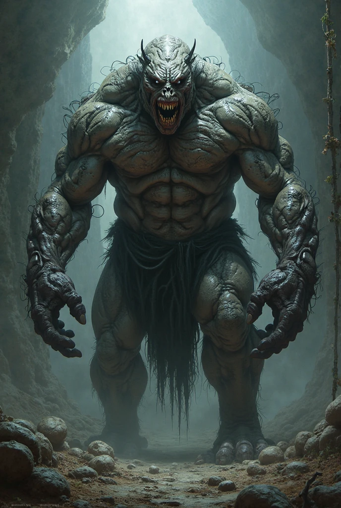 brutalis the violator
hulking 8 feet tall muscled bald mutated semi-orc-troglodyte like human with cracked desiccated skin
he has a few large organic spike protrusions made of his desiccated skin on his arms and back,