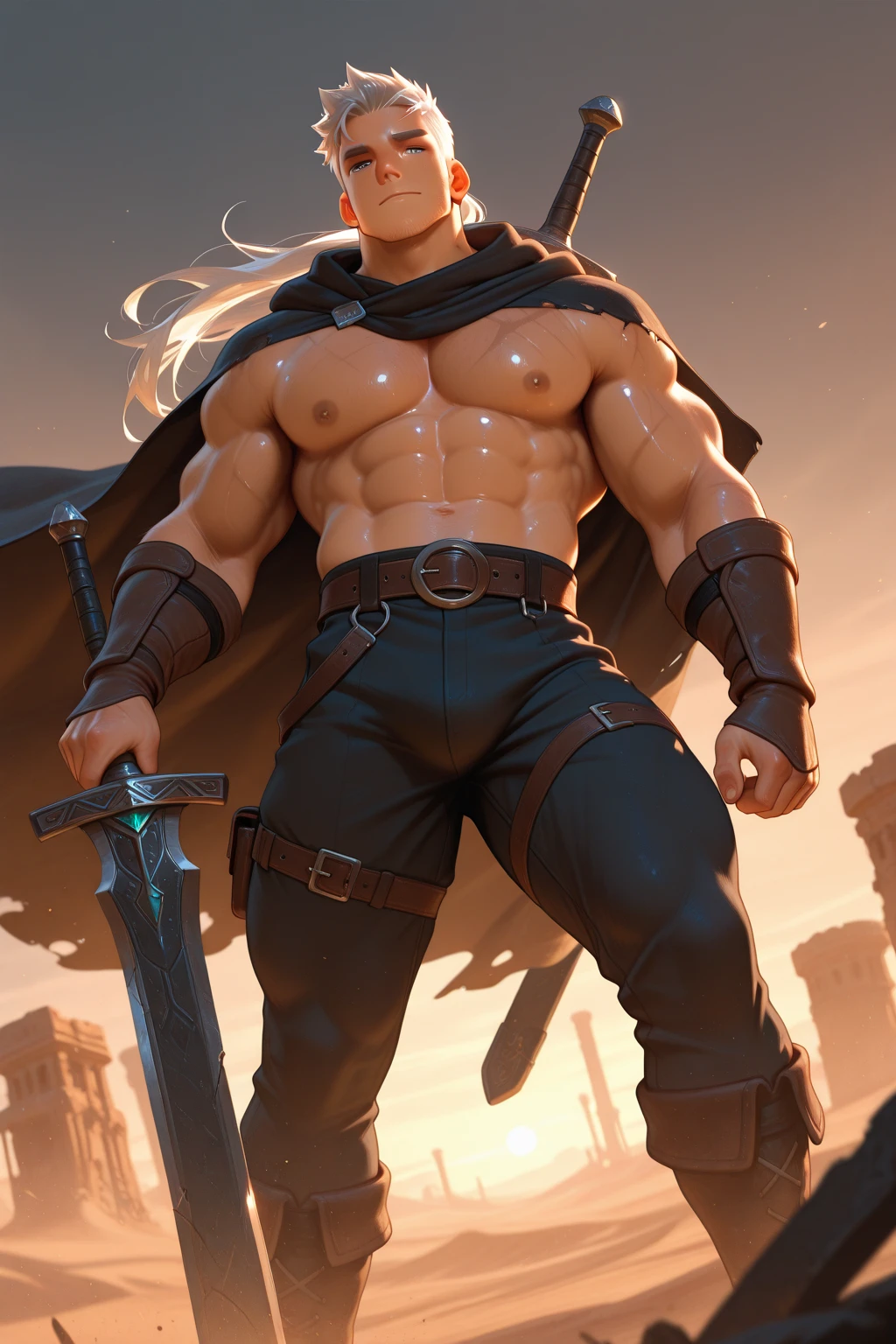 Gere uma imagem de um homem cavaleiro rebelde, with lightly tanned skin and a tall, robust physique, aparentando ter cerca de quarenta anos de idade. He has shoulder-length brown hair and beard., levemente desgrenhados, giving it a rustic appearance. The man is dressed in broken and rusty armor that covers his entire body showing the metal mesh underneath., His right arm is scarred and holds a huge long broadsword., com rachaduras e sinais de uso intenso. The scene must portray the knight in a mountainous and desert environment, with a given expression ((Melhor qualidade)), ((obra de arte)), (detalhado), big bulge, big bulge, large bulges in the crotch,