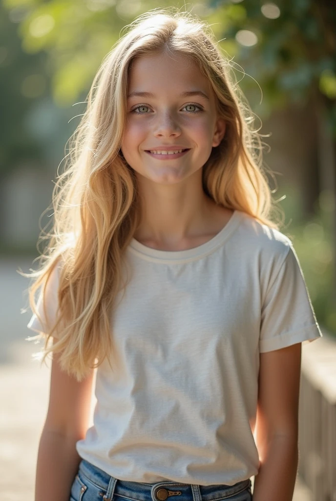 Tall teen girl with blonde and blue eyes looks natural