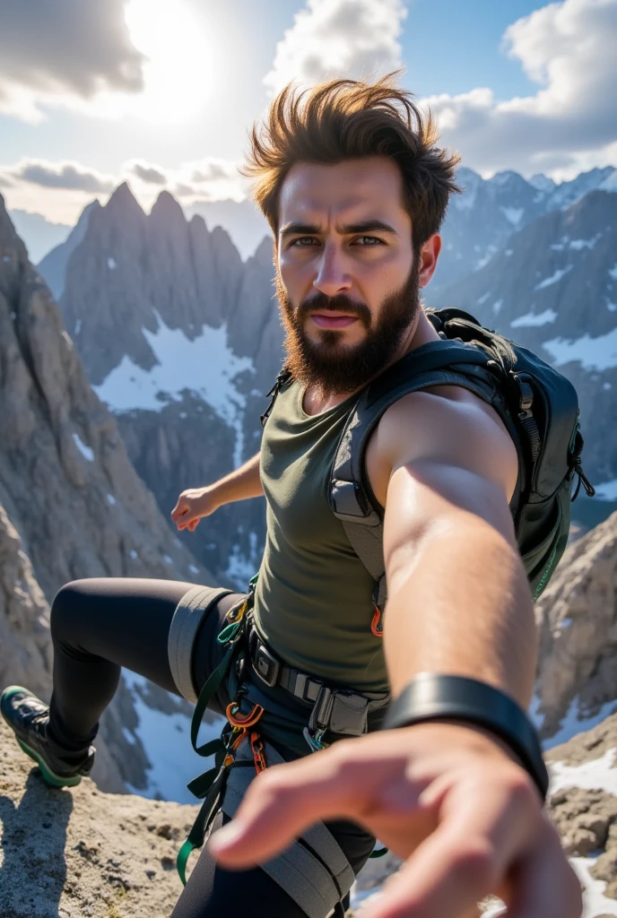 masterpiece, best quality, high resolution, closeup portrait, male focus, solo focus, a man, pretty shirtless  sweaty hairy guy hiking,  camera perspective, hiking and climbing, view from below, scruffy, closeup, interesting perspective,  pose, skinny and lean body, pretty cute and masculine face, smirk, wearing  white jockstrap hiking backpack, filthy, sweaty, very hairy legs, skinny and hairy, ,  , in the background a moutain, hiking trail, outdoors, view from below, amazing composition, HDR, volumetric lighting, ultra quality, elegant, highly detailed