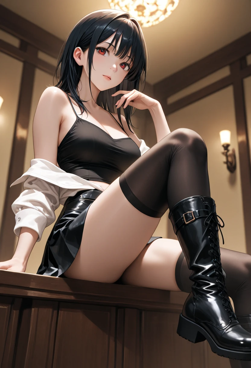 skirt, plaid, plaid skirt, sitting,
Indoor (masterpiece, top quality)Top quality, Masterpiece, Ultra HD, (Real: 1.4), Original photo, 1 girl, bare shoulders, dark, deep shadow, discreet, cold light, (grab chest: 1.2), excruciating pain, long legs, tights, high heels, (after sex:1.3), (cum on clothes:1.4)