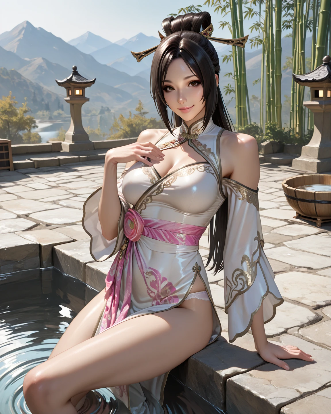 girl xinh: Asia, siêu dễ thương;
age: from 18-20 years old;
hair: copper orange color, silky, shiny under the sunlight, detail;
da: milky white, rosy and flawless;
eye: jet black, almond shaped, sexy, youthful, trong veo;
mi eye: delicate, perfect;
eyebrow: cong, dear;
Face: beautiful, pure, like a fairy, symmetrical, perfect, đẹp đến từng detail;
nose: xinh, cao;
cheekbone: prominent;
lip: charming, son lip màu đỏ nhạt, lovely lip gloss;
răng: Lily-white, smiling;
ngựcc: full, Deep chest slit, toning, tight bra, pointed nipples;
y phục: bright red, gold embroidery, metallic luster, silver mesh;
Hình dáng cơ thể: full, graceful, youthful;
accessory: dây chuyền ruby, bông tai ruby;
dress: silk fabric, White, piercing;
underwear: tight, piercing, floral embroidery;
Fashion style: high-class, Modern 2024, luxurious;
Image quality: non-NSFW, 8K CG HD, High resolution, Super nice graphics, professional, detail, colorful, ultrafine, advanced techniques, RAW true;
light: luxurious, complex color combinations, black gold rays;
light mặt trời: twinkle, illuminating the girl&#39;s body;
Hình nền: street, light twinkle.