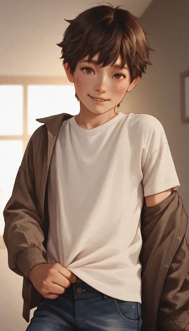 BOY 14YO, tight shorts white jeans,open shirt blue,bulge,stand,legs apart,hands on the head,full body,smile, masterpiece, best quality, photorealistic, 1boy, solo, male focus, looking at viewer, upper body, depth of field, anime coloring, realistic, <lora:shun_hashimoto:0.72>, shun_hashimoto, brown hair, brown eyes, king costume, ,