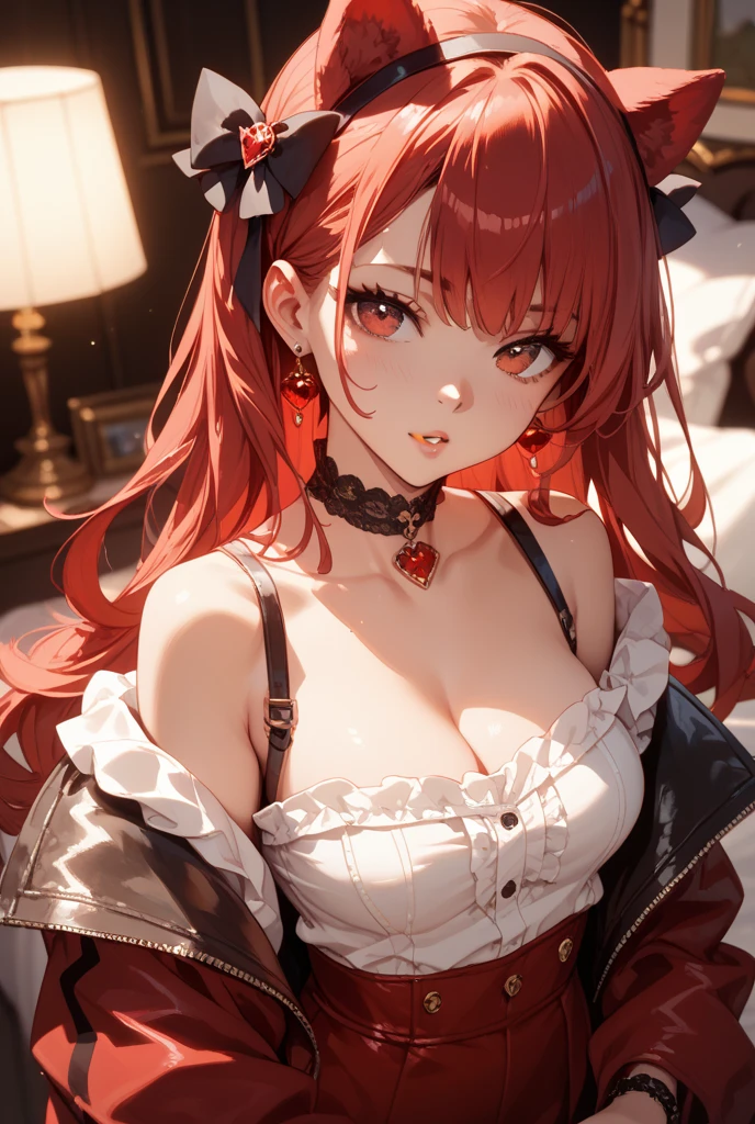 ultra-detailliert, (1girll), 25 years, Clothes that bulge out with large breasts, blush, (looking up at you on the bed:1.4), straight-on, high-level image quality, 8k, Best Quality, Puzzled face, little redhead, cleavage of the breast, Beautiful pink top and bottom underwear, Beautiful embroidery, Jewel-encrusted design, Exposed udder,