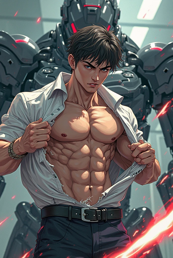 Personagem estilo anime, corpo levemente definido, sentado de pernas cruzadas, sem camisa, sock sockets on the feet, black jogger pants, medium white hair. epic image, ultra hd.