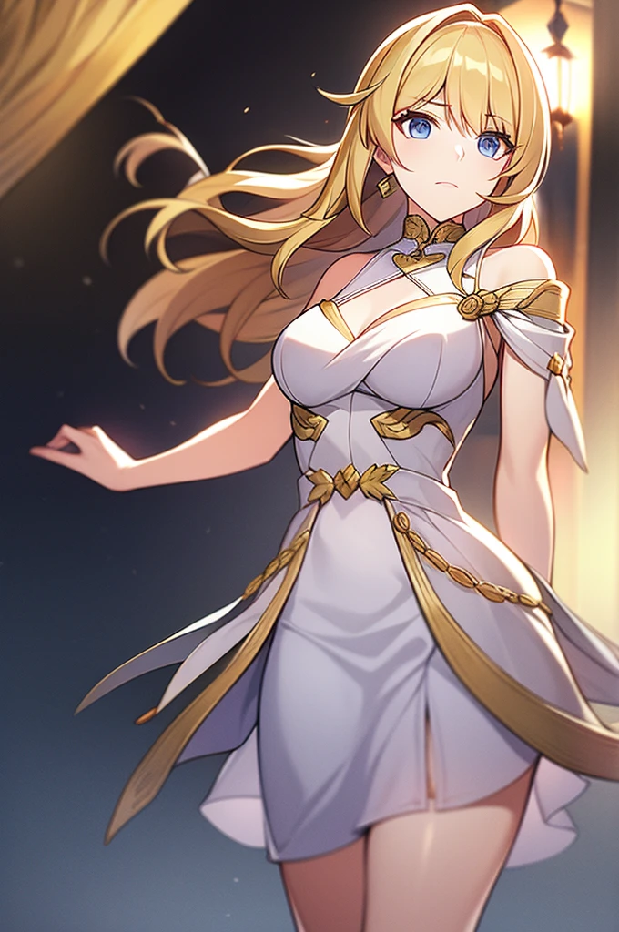 ((Highest quality)), ((masterpiece)), (detailed), (Perfect Face)、Woman is a goddess named Hera wearing a white ancient Greek Doric chiton々Hera, the goddess of marriage and wife of Zeus, king of the gods、The woman is the goddess Hera, the queen of the one and only god Zeus. She has green eyes, blonde medium-long hair, is wearing a white ancient Greek Doric chiton, an engagement ring, and luxurious accessories. She is an elegant goddess, the graceful and beautiful queen of the gods.、As the goddess Hera, the woman loved Zeus and served him as his wife.、The dignified, bearded, elderly god Zeus is wearing a white ancient Greek Doric chiton and embracing a woman named Hera in love