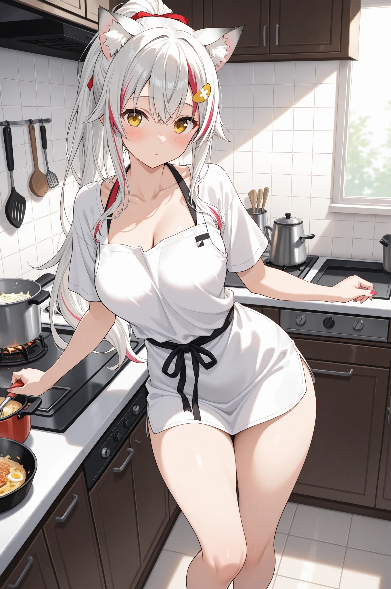 (masterpiece:1.3),(highly detailed:1.3),(highres:1.1),best quality,Ultra-detail,1girl,solo,kitchen,jelofolkwang,????? apron,((white ?????)),ass,sideboob, unclear clothes , white pantie, ((perfect body)), salon,NSFW