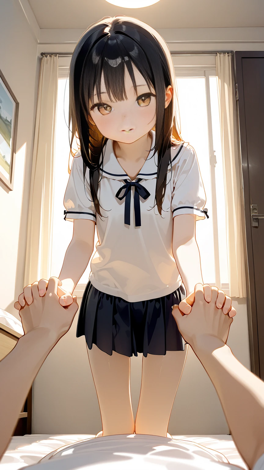 hetero,1girl,1boy, ?????,nsfw,flat chest,,loli,6yearsold,teacher, height difference, full body, ????????, standing, looking at another, indoors, randoseru,White dress, Back pack, from side, looking away, twintails, collarbone,arms up, arms grab,
